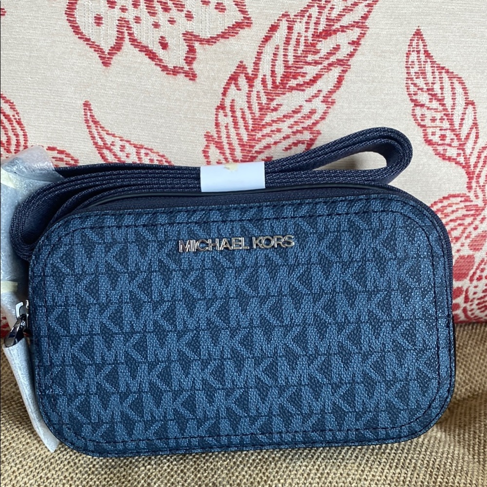 Michael Kors Blue and Black Crossbody Bag with Monogram Design